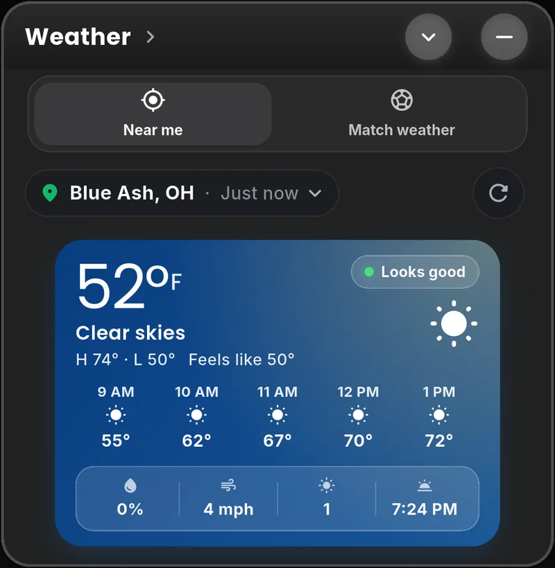 The weather card on the Rec Soccer Dash
